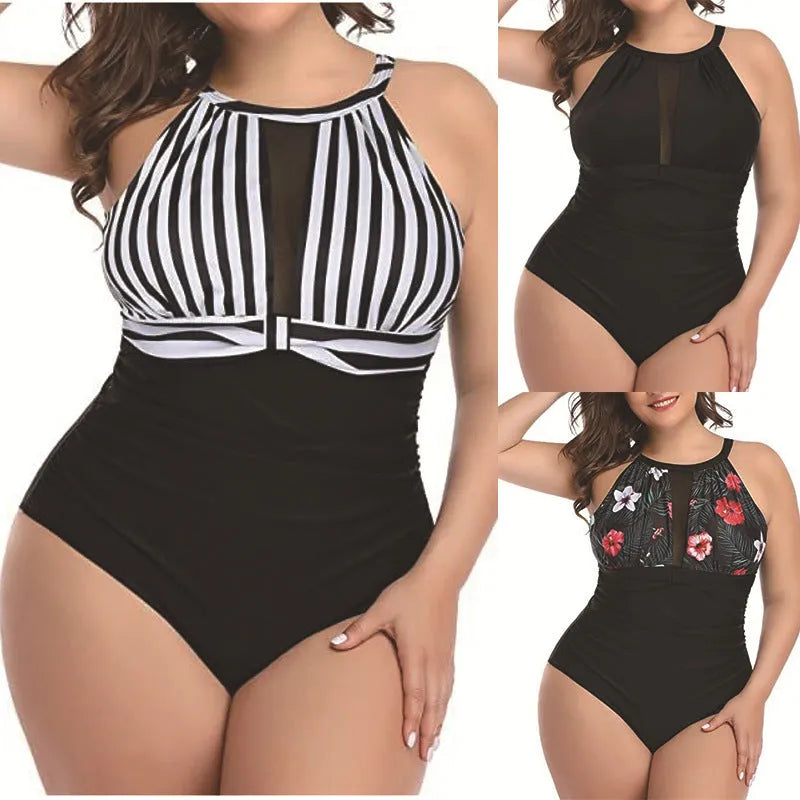 Women's one-piece swimsuit with lace detailing in black, red flower, or stripes patterns, sizes L to 4XL