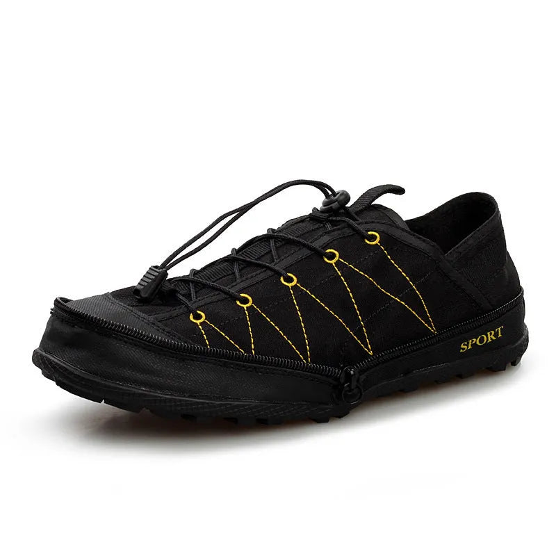 Orange folding outdoor shoes with a side zipper, shown in a compact, folded state.