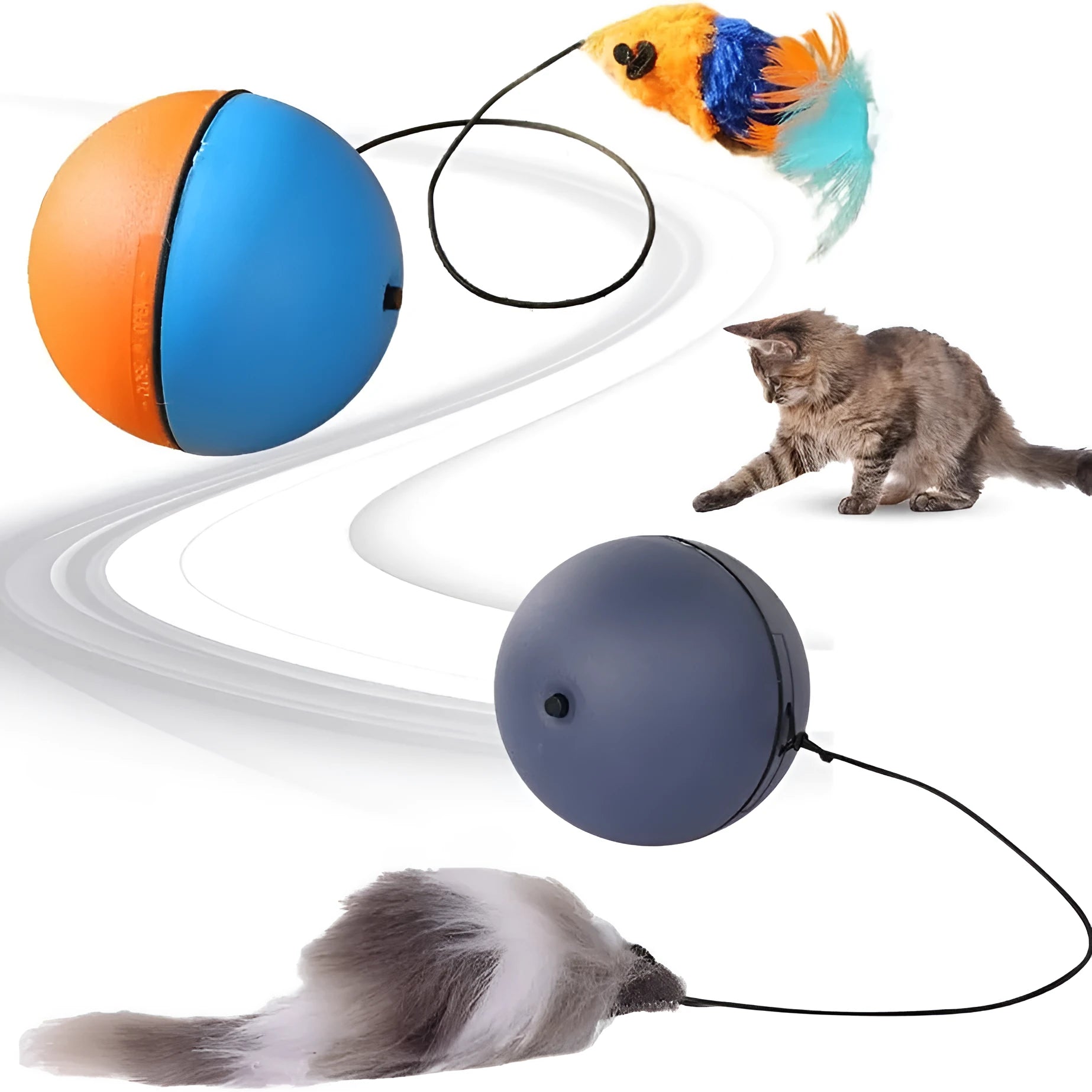 Blue and orange automatic rolling ball pet toy on a floor
