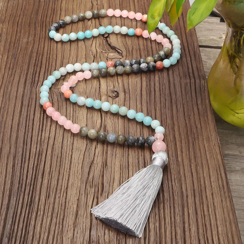 Bohemian colourful stone necklace and bracelet set with drop-shaped pendants and tassels