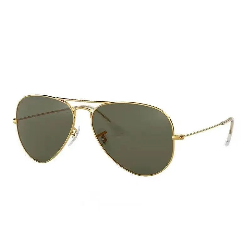 Tempered glass sunglasses with metal frame and UV400 protection lenses.
