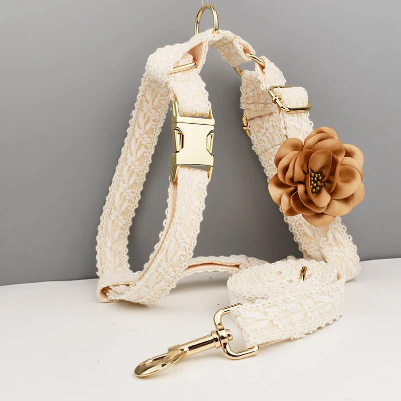 Polyester lace dog wedding vest and collar set with leash and decorative flowers