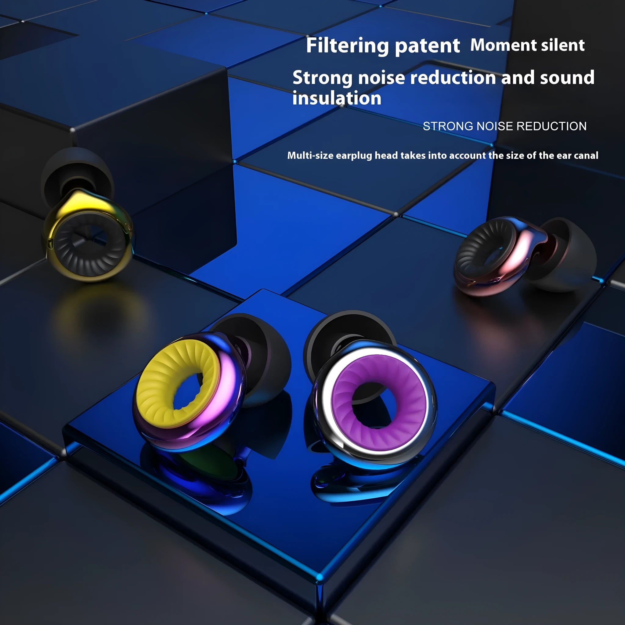 Soft silicone noise reduction earplugs in five colours with storage box and spare ear caps