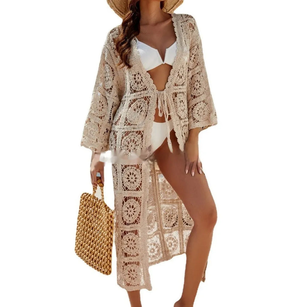Apricot cotton beach cover-up with embroidery and long sleeves for sun protection