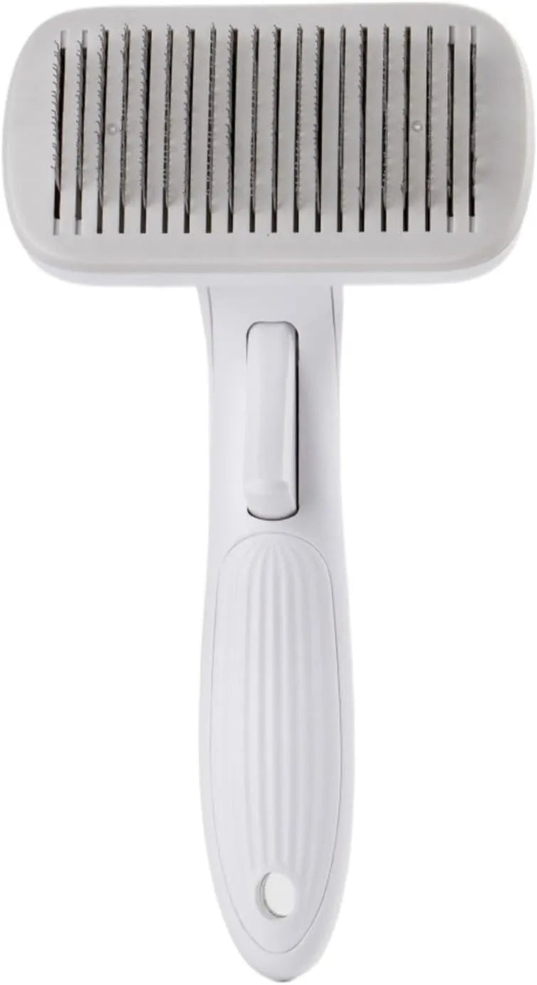 Pet automatic hair removal comb showing 10.7x19.5cm dimensions with one-click hair removal system