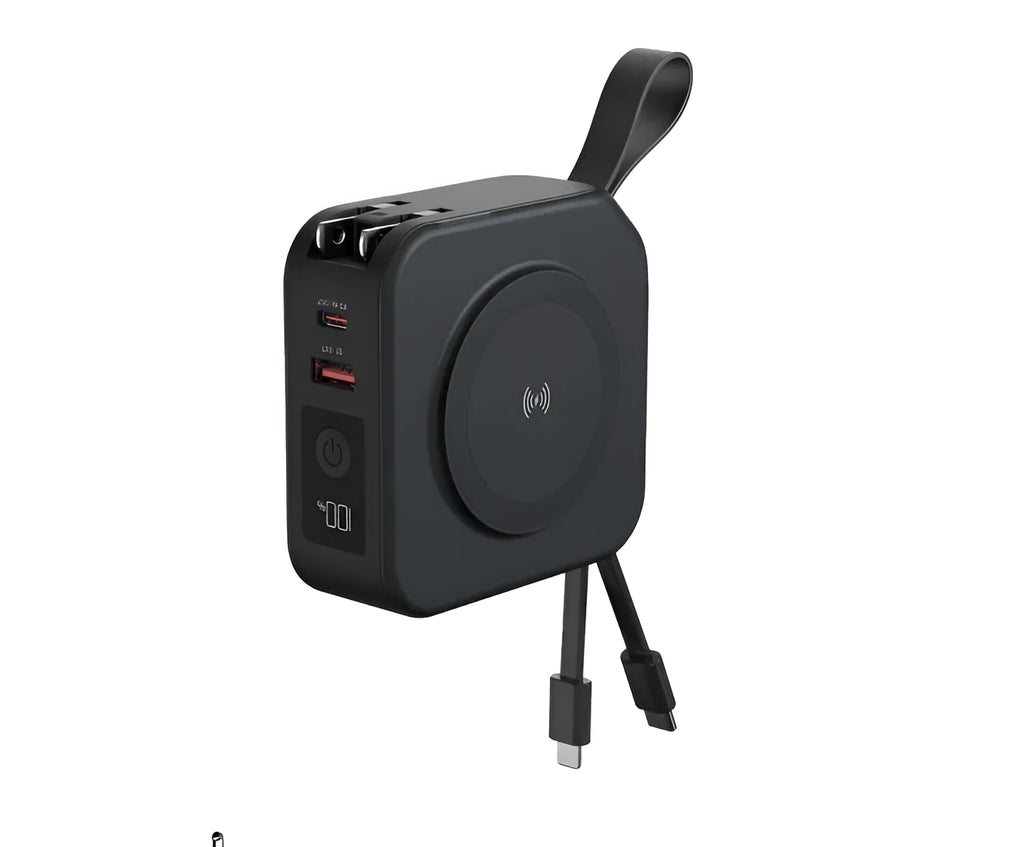 Portable power bank with USB output, shown in black and white colour options for charging mobile phones.