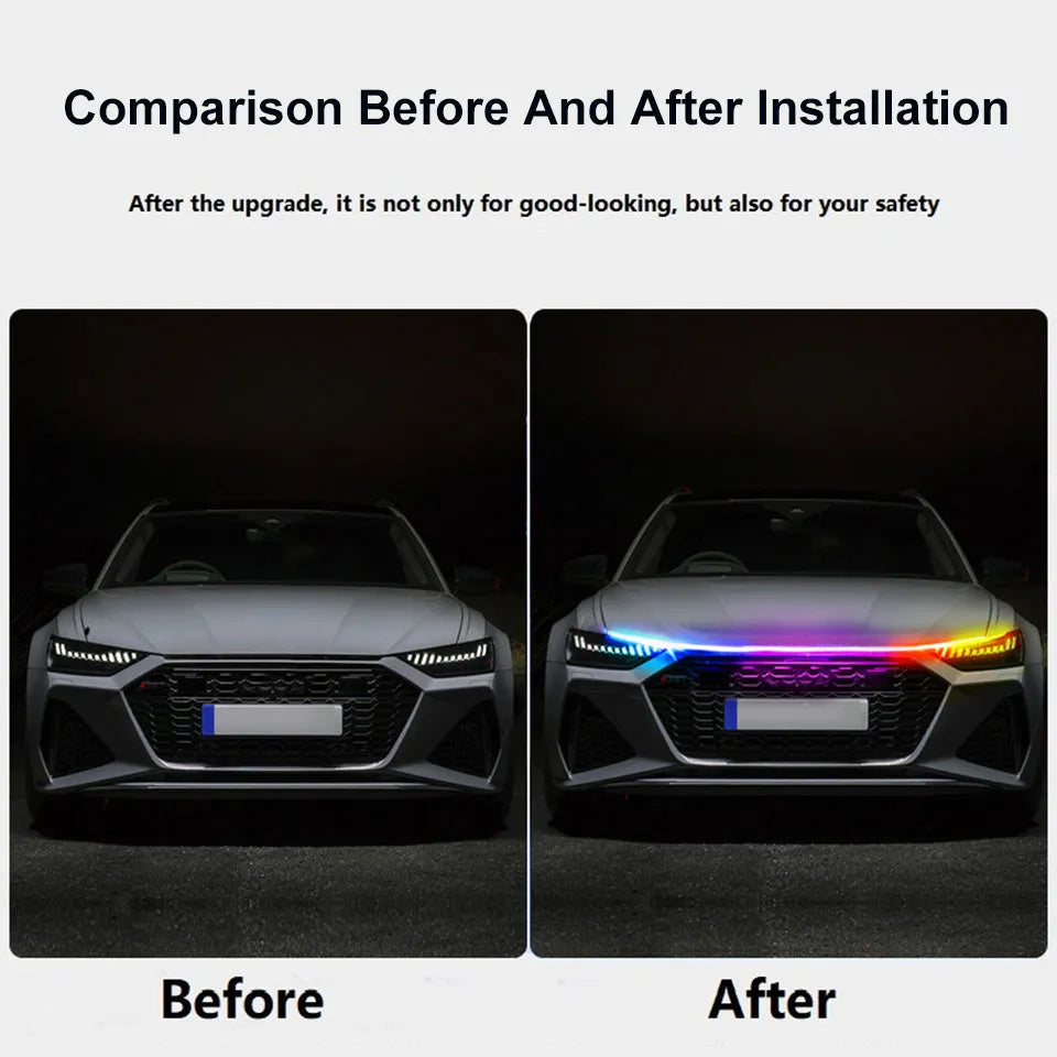 Automotive engine cover LED strip lights showing installation through daily running light screen gap with colour illumination options