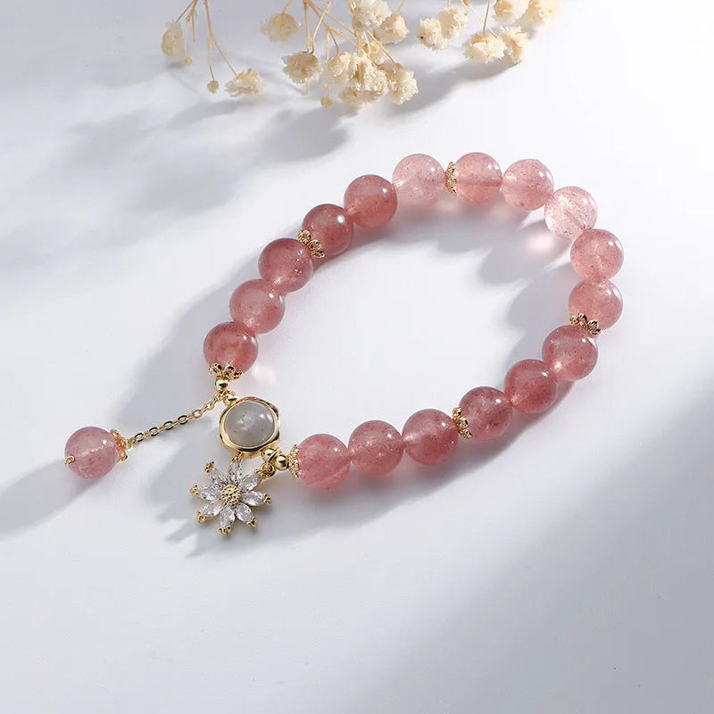 Strawberry quartz crystal bracelet with electroplated flower charm in mori Korean style