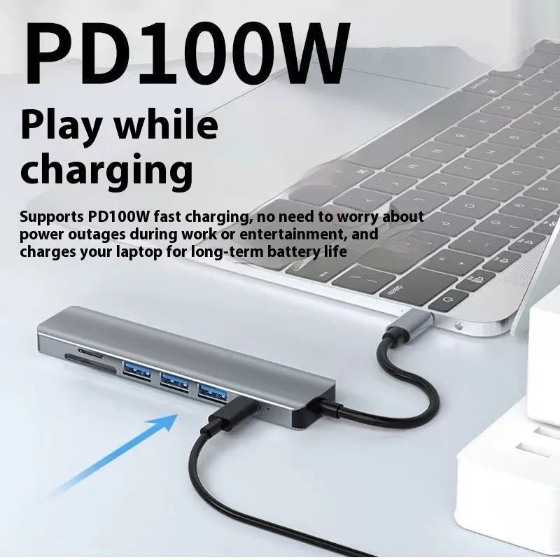Type-C 7-in-1 expansion dock with 15cm cable, aluminium casing, HDMI and USB ports