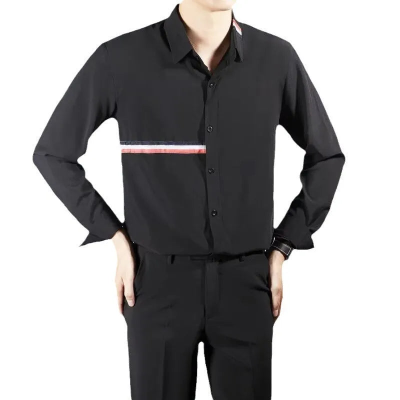 Man's loose-fit Hong Kong style cardigan shirt in a cotton blend fabric, shown in light blue.
