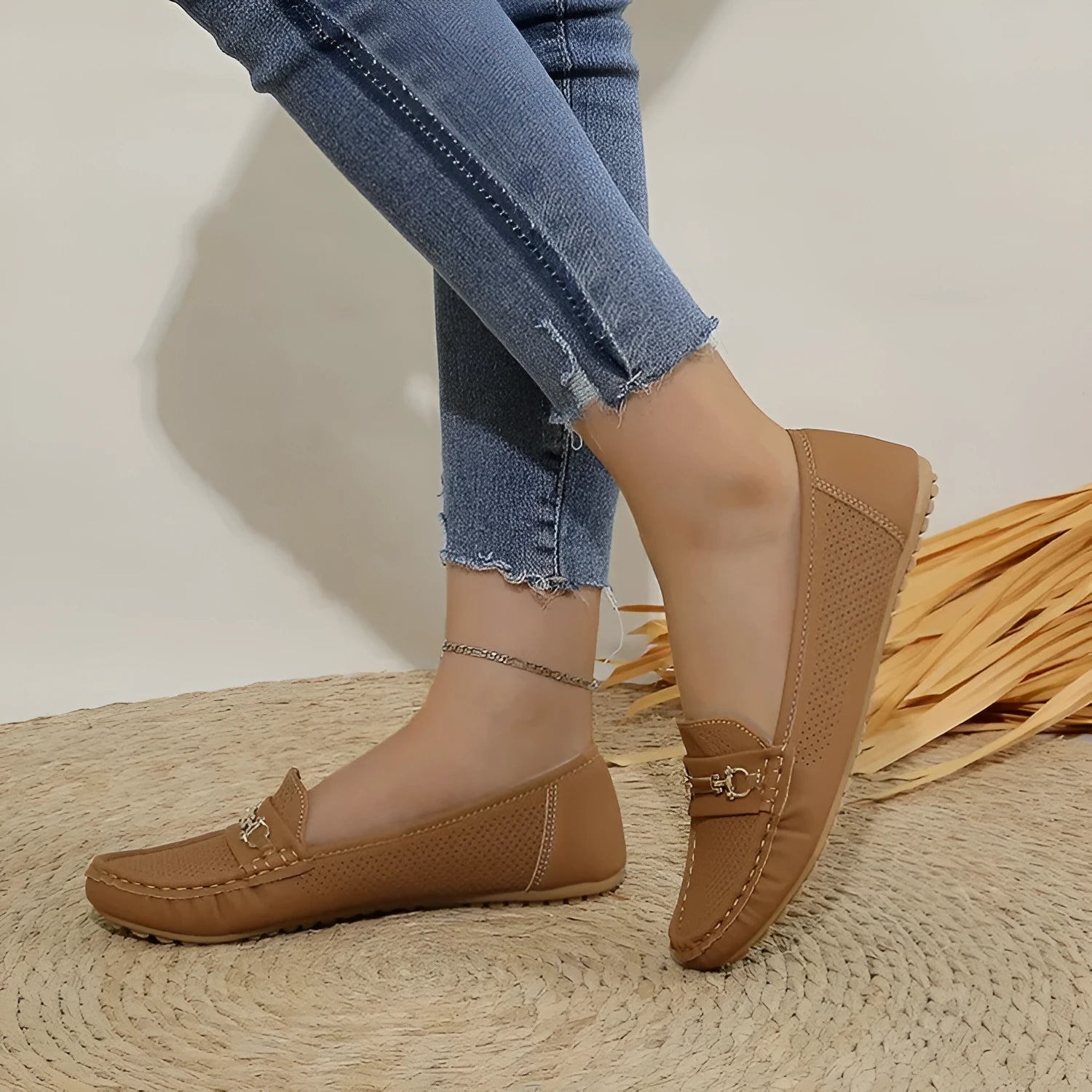Plus size women's casual flat shoes in artificial PU leather, shown in black, white, and khaki on a plain background.