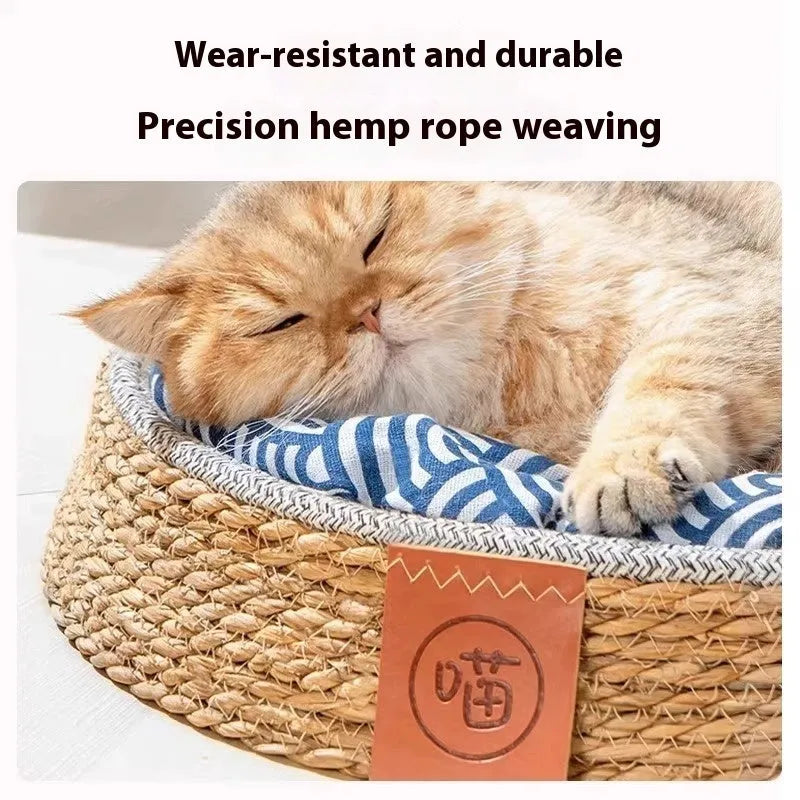 Woven rattan cat bed or nest for pets, shown in one of four available sizes