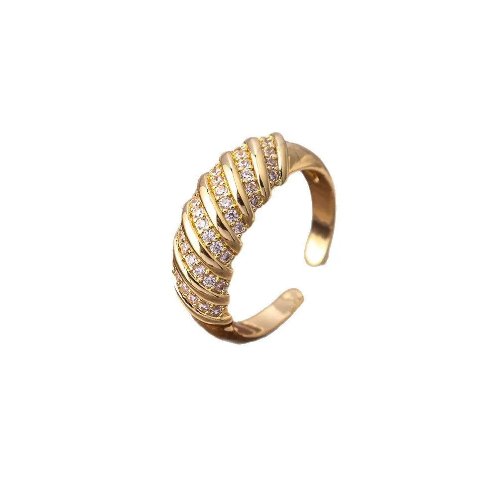 Adjustable open ring in gold or silver electroplated copper with zircon ornament and retro heavy industry U-shaped band
