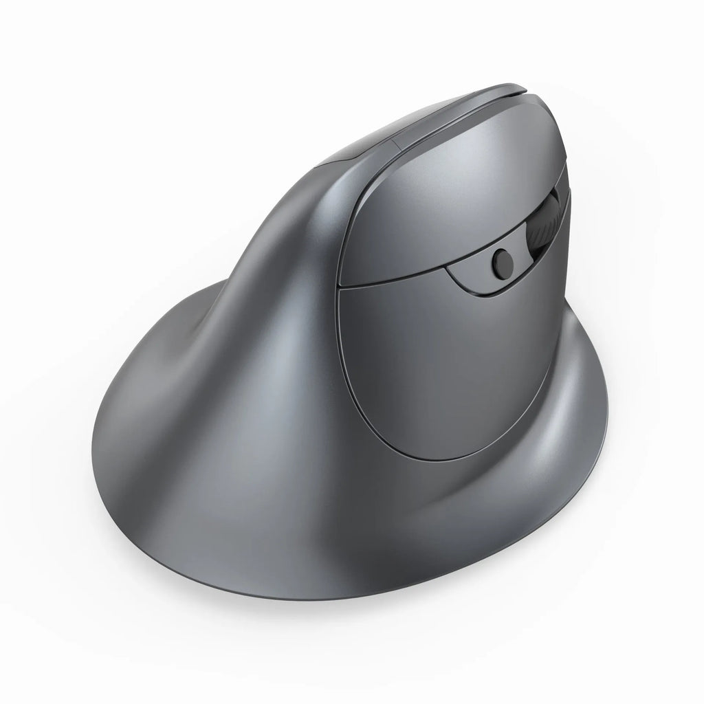 Gray vertical ergonomic wireless mouse with Bluetooth connectivity and self-charging capability