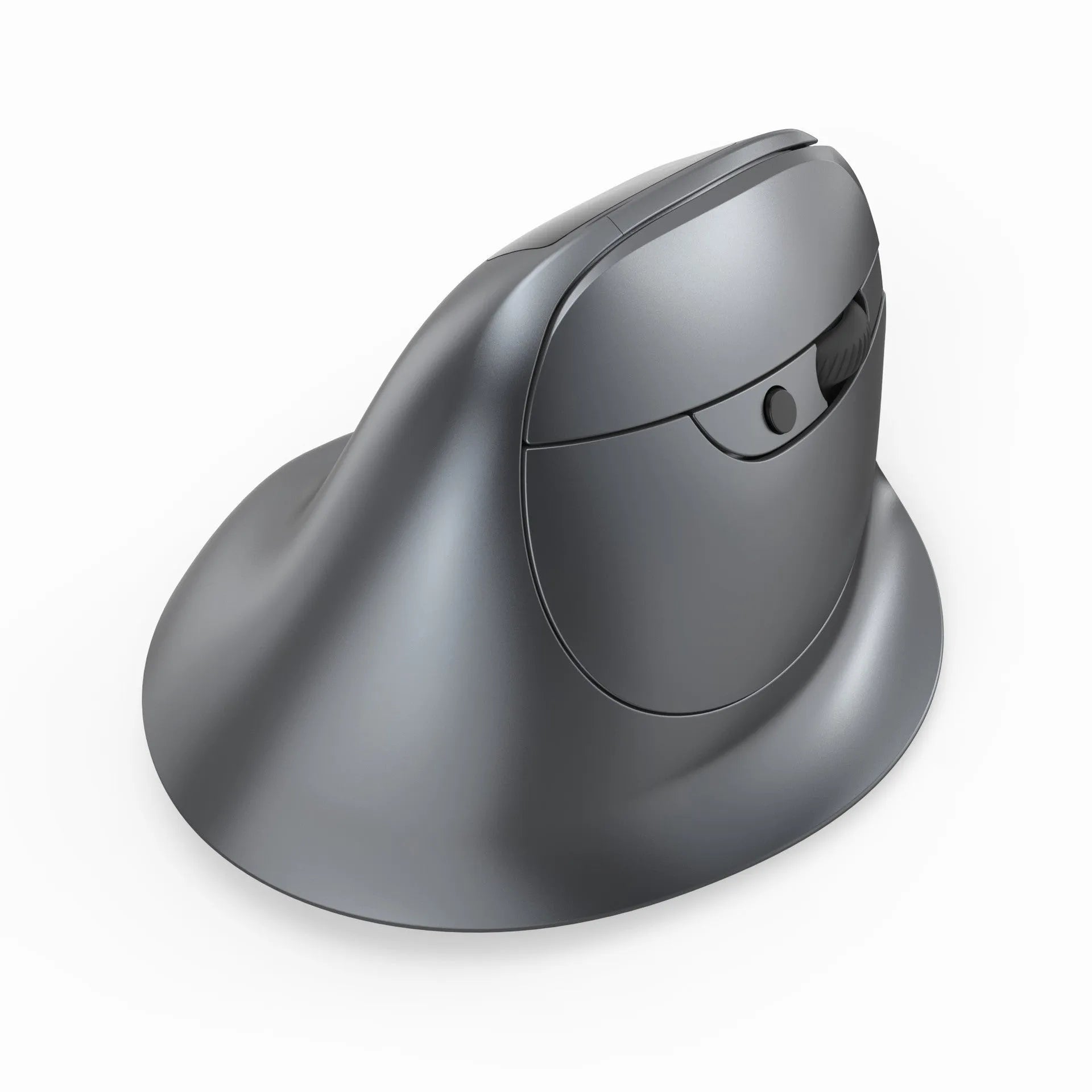 Gray vertical ergonomic wireless mouse with Bluetooth connectivity and self-charging capability