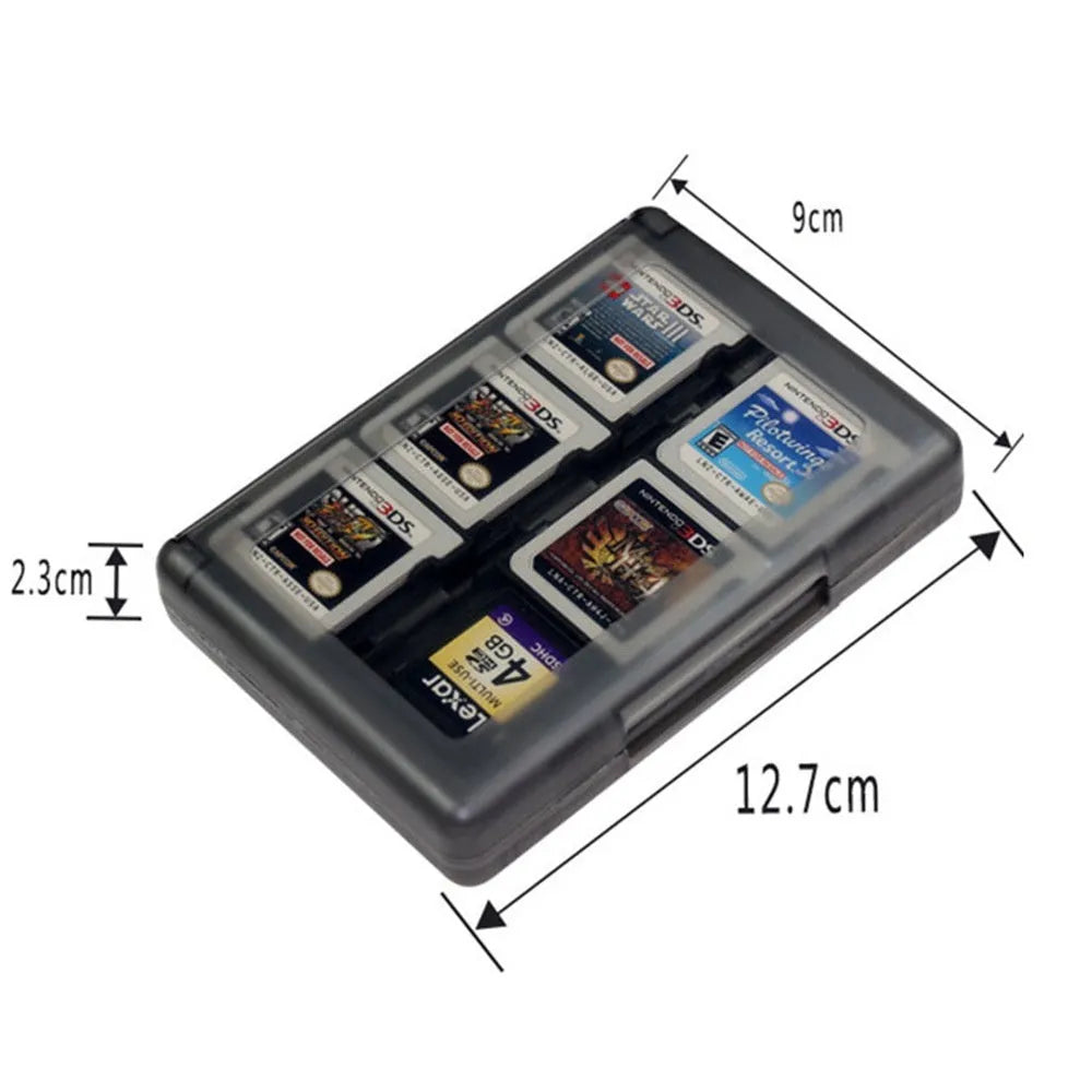 NDS 3DS game card storage box showing 28-card capacity with black, blue, pink, white colour options