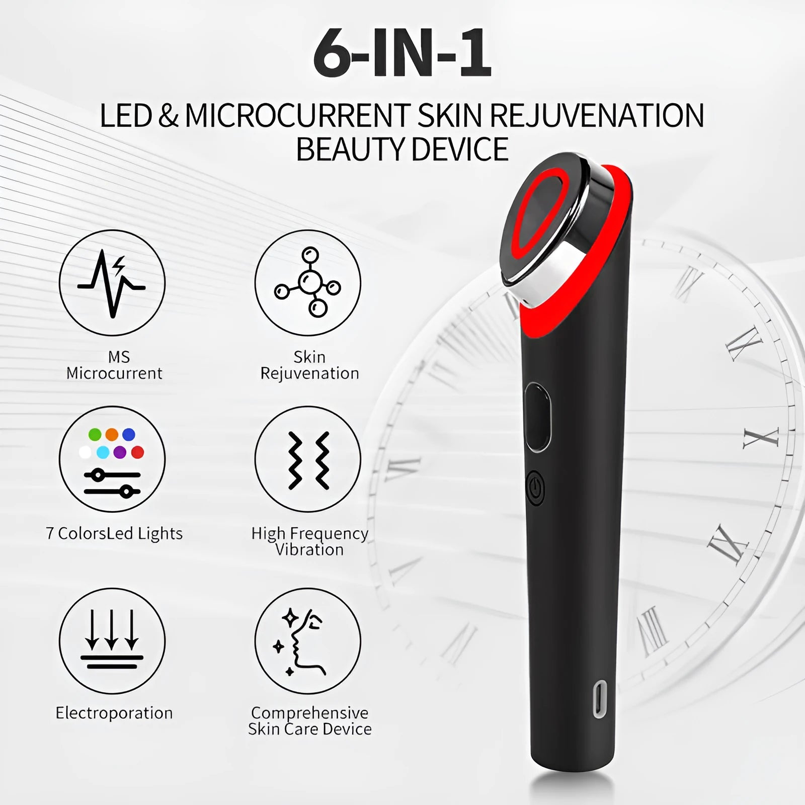 Black eye massager device with red and blue light therapy lights and vibration functions