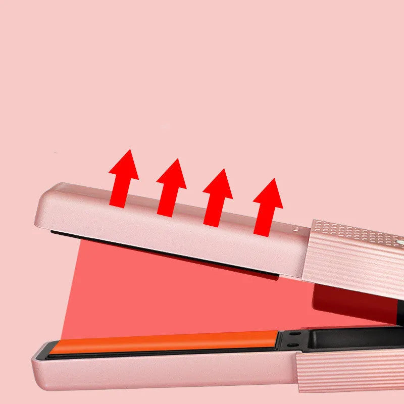 Pink and green cordless USB hair straightener with ceramic plates, shown with USB cable.