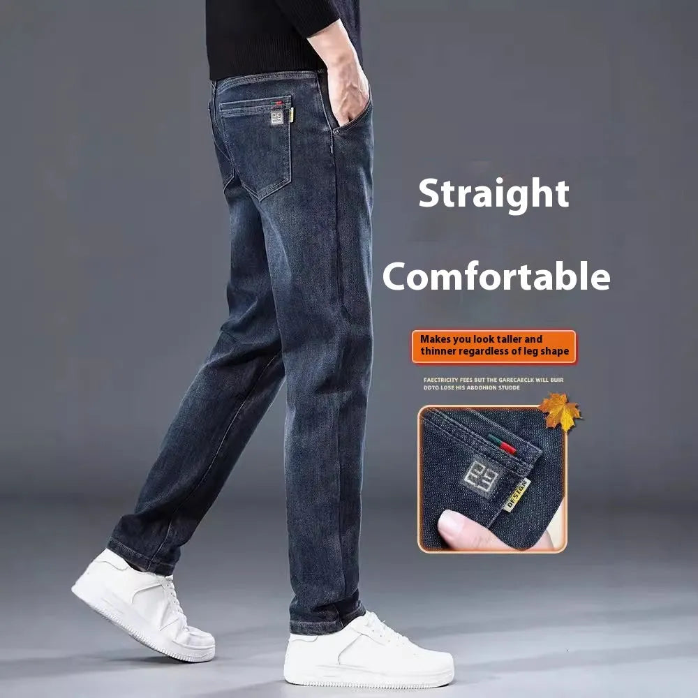 Blue grey slim straight loose casual thin trousers with micro elasticity, mid waist design, and zipper fly, shown on a model for summer wear.