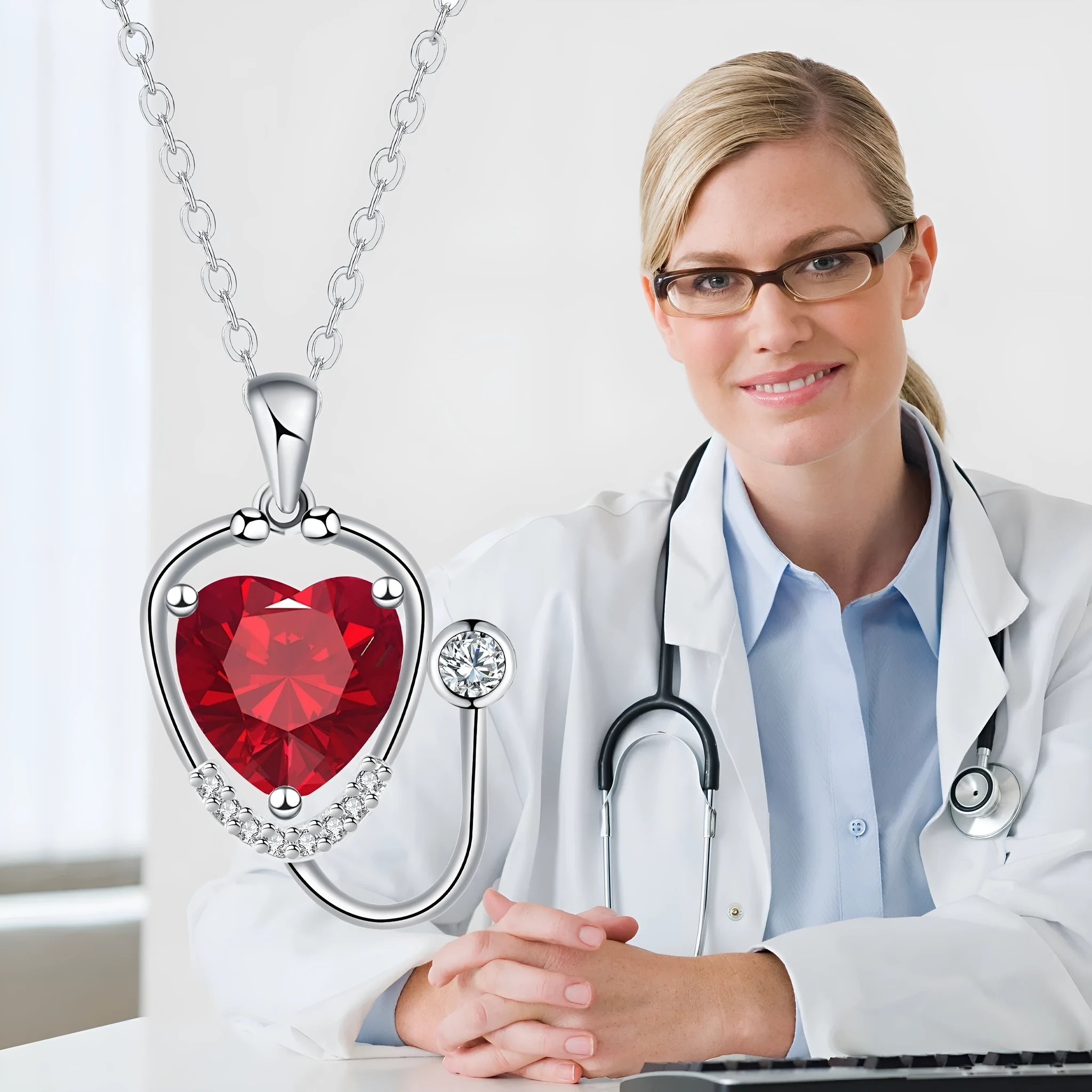 Close-up of a women's copper necklace with a red diamond wings cross stethoscope pendant.