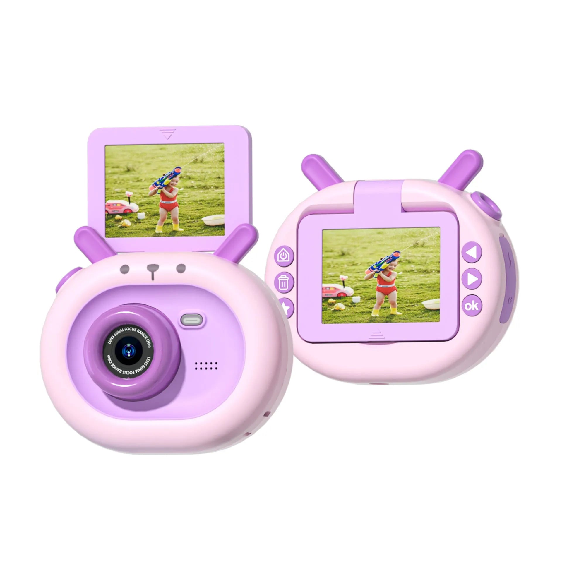 Purple and dark green children's digital camera with flip screen, silicone case lanyard, measuring 9.8cm by 7.9cm by 3.8cm