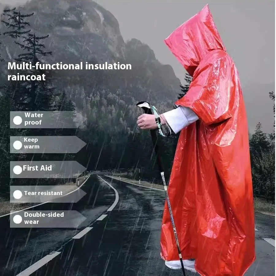 Marathon Wild Cross-country Multifunctional Raincoat in orange or army green colour, showing 100x130cm dimensions and waterproof construction