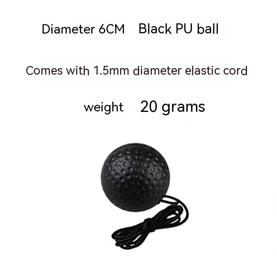 Head-mounted boxing reaction ball set showing multiple coloured PU balls, a rubber ball, and two headband options.