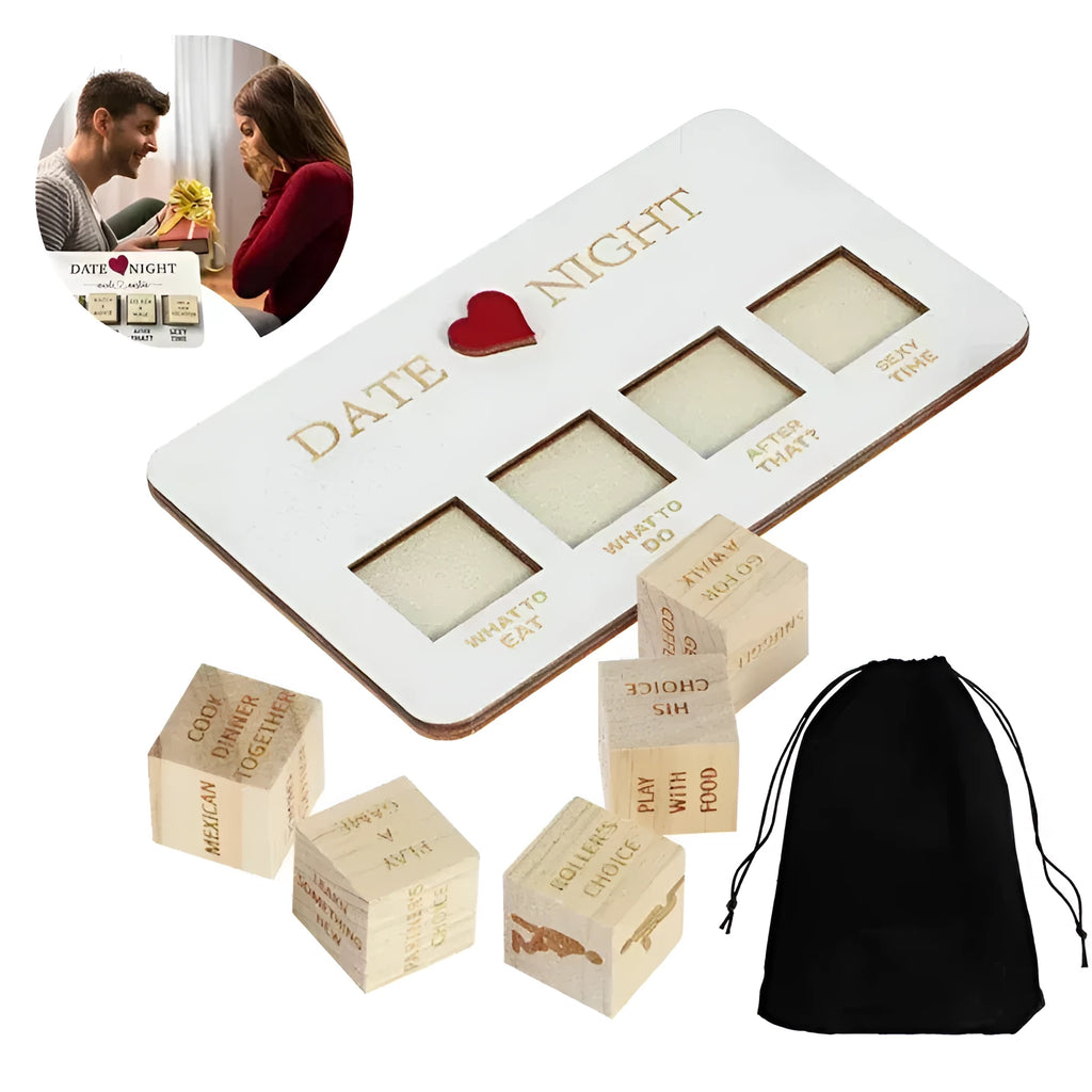 Wooden date night dice set with five dice, date planner board, and black storage bag