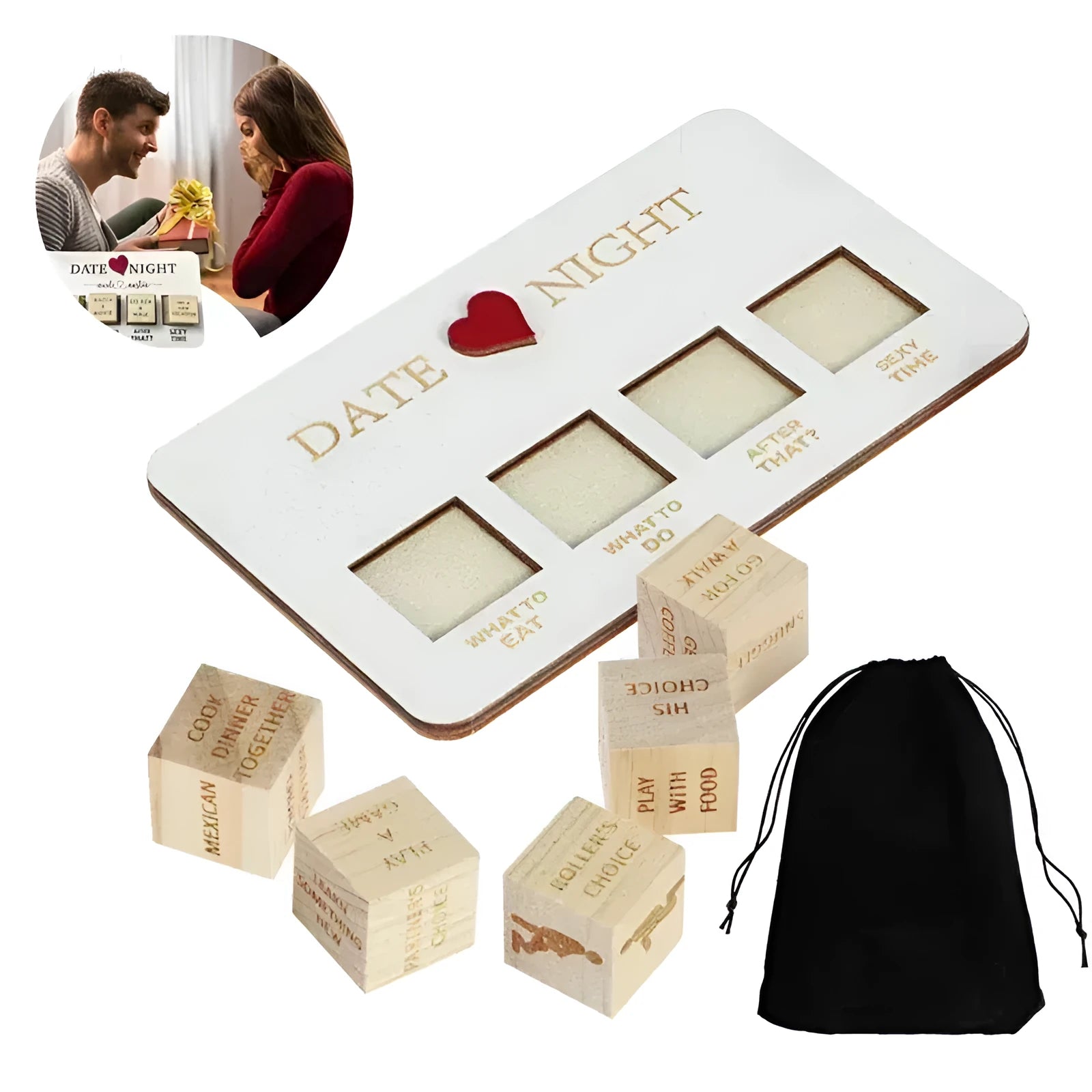 Wooden date night dice set with five dice, date planner board, and black storage bag