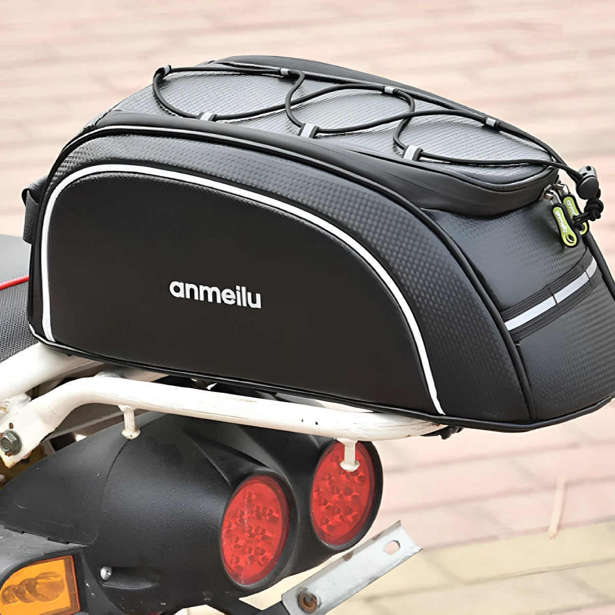 Black waterproof bicycle rear rack bag with 8-litre capacity on bike rack
