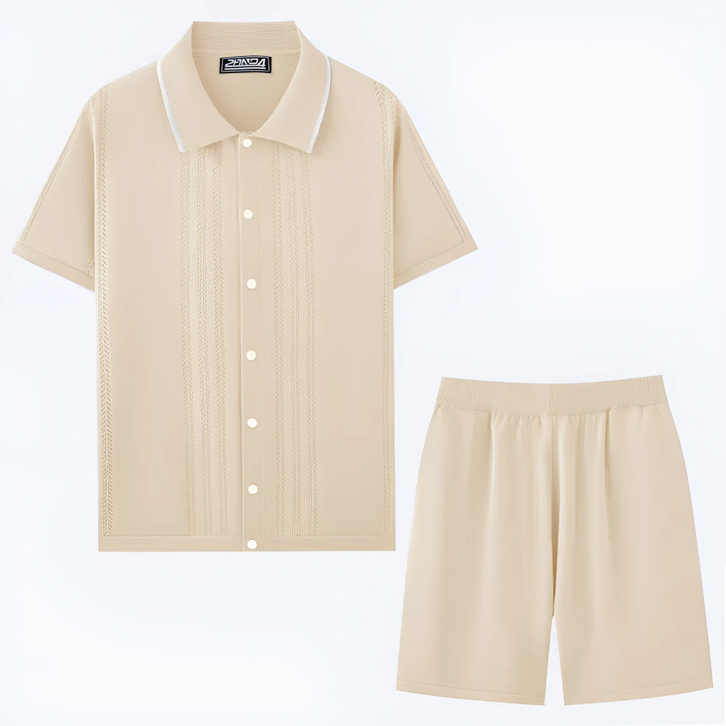 Tencel knitwear business casual set with short sleeve top and shorts in khaki colour.