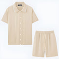 Tencel knitwear business casual set with short sleeve top and shorts in khaki colour.