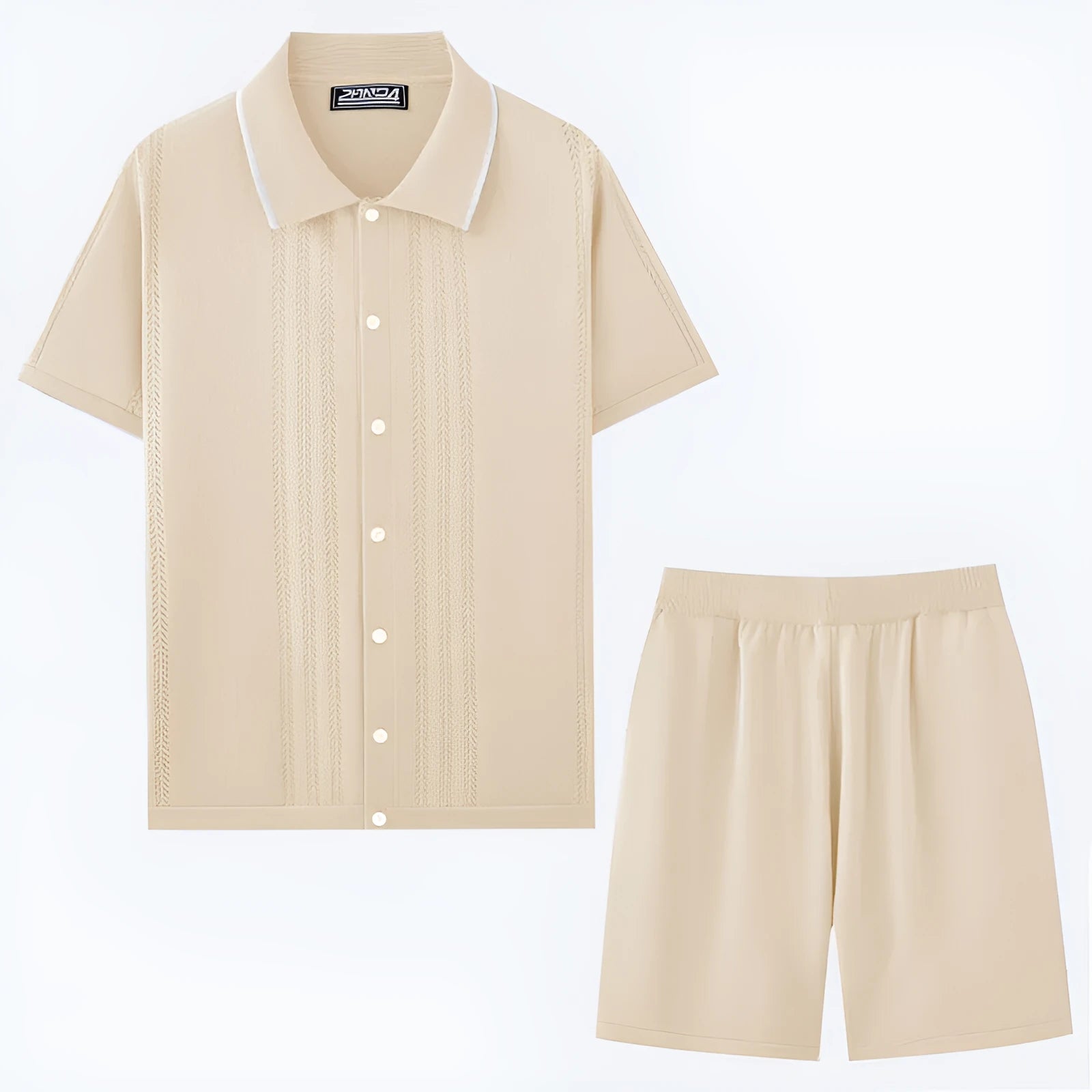 Tencel knitwear business casual set with short sleeve top and shorts in khaki colour.