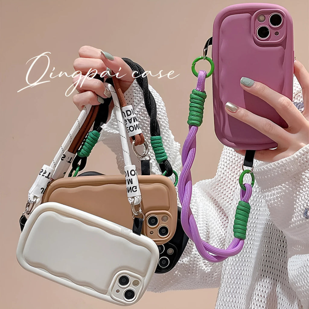 TPU iPhone case with ribbon wrist lanyard in solid colour, full coverage, for Apple iPhone 11 to 15 Pro Max