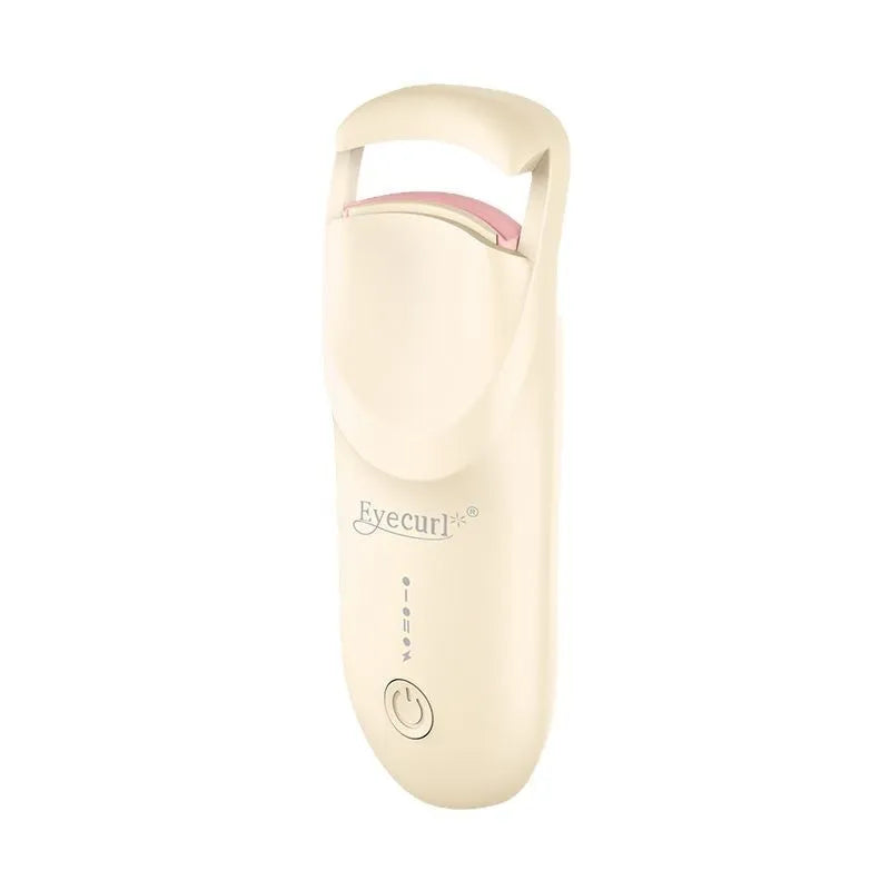 Electric heating eyelash curler in cream white with ceramic plates and USB cable for cordless use