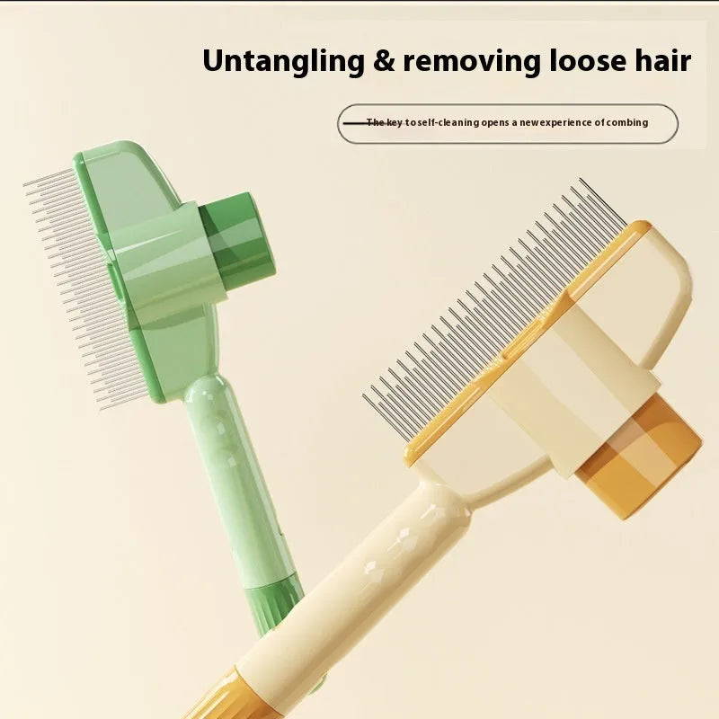 Green and yellow pet comb with stainless steel teeth and a self-cleaning release button.