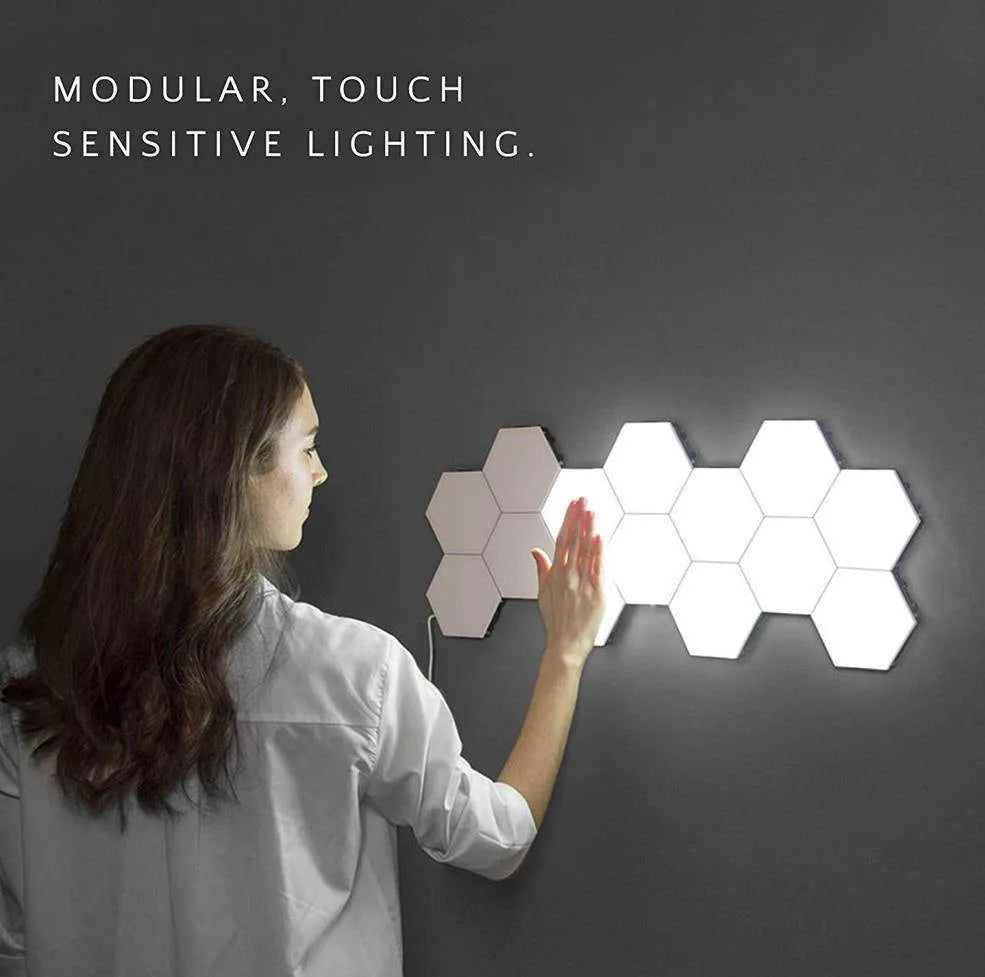 Hexagonal modular wall lamp with touch controls showing geometric arrangement on wall