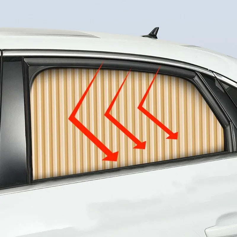 Auto retractable sun curtain in black colour showing flexible cloth material and roller shutter mechanism for car windows