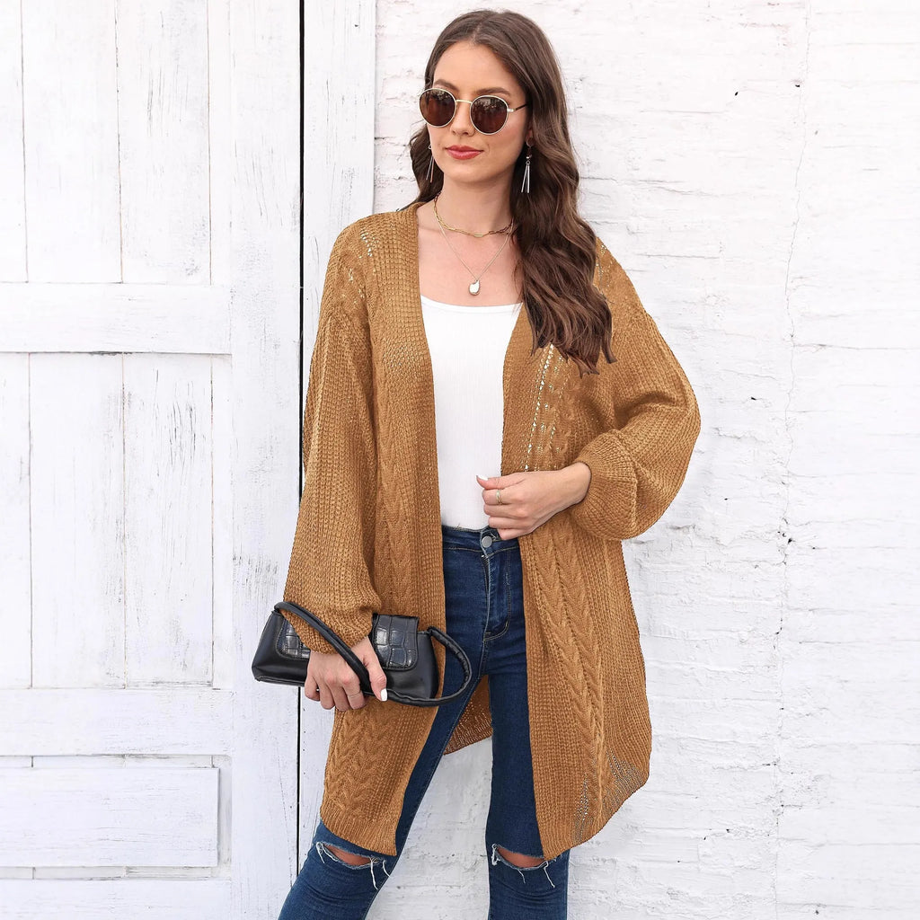 Women's loose acrylic sweater coat in free size, solid colour options including army green and rose red