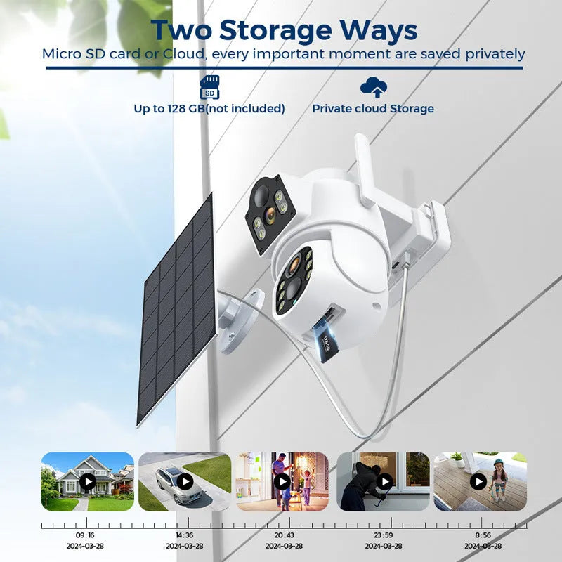 White wireless outdoor security camera with solar panel on a wall bracket.