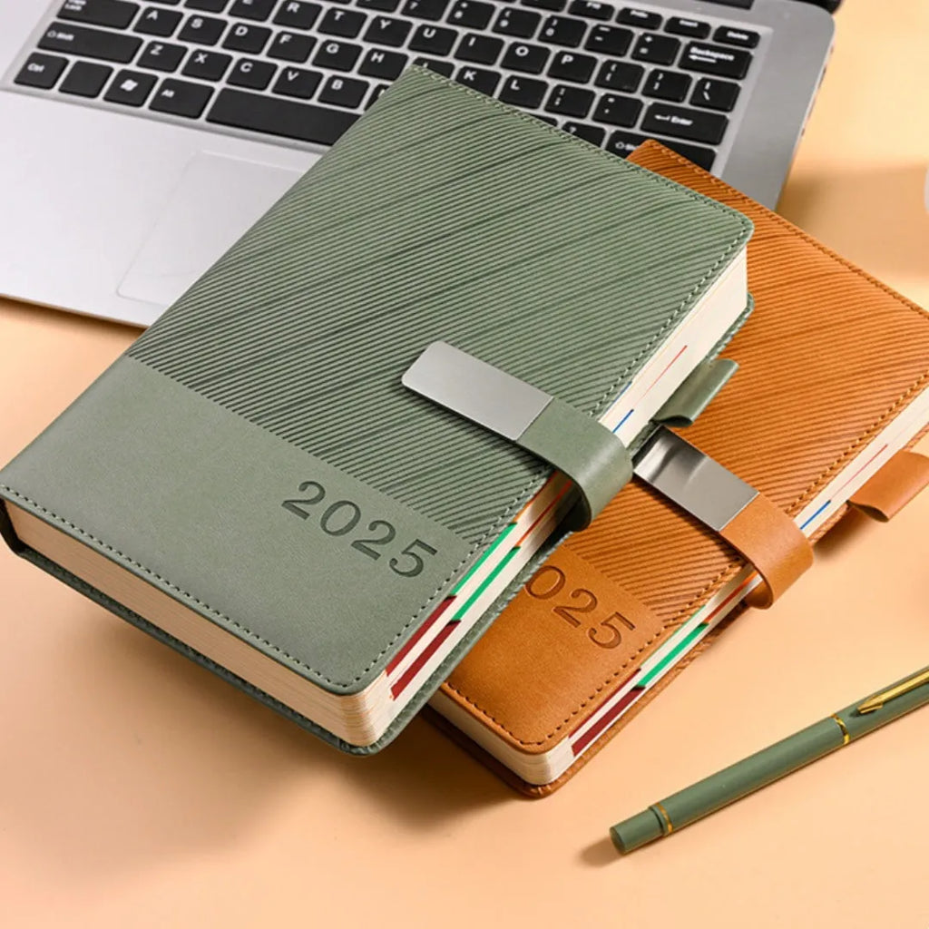 Office notepad with striped PU leather cover showing 204 sheets of 80g paper, dimensions 144x210mm