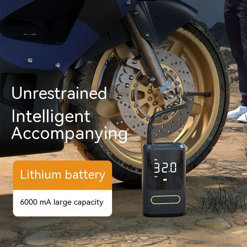 Handheld wireless air pump with digital display showing pressure reading, measuring 49x87x137mm with LED light illuminated