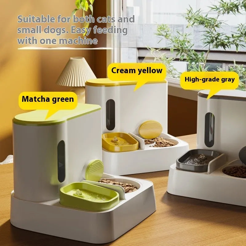 Gray automatic cat feeder with double bowl system showing food and water compartments