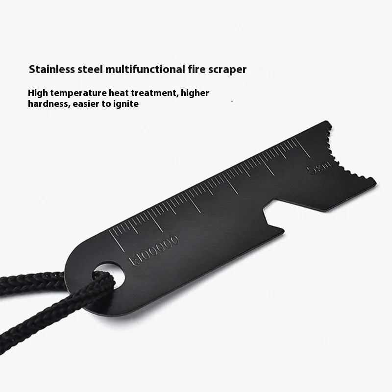 Black multifunctional outdoor survival flint with magnesium rod and stainless steel scraper showing six tool functions