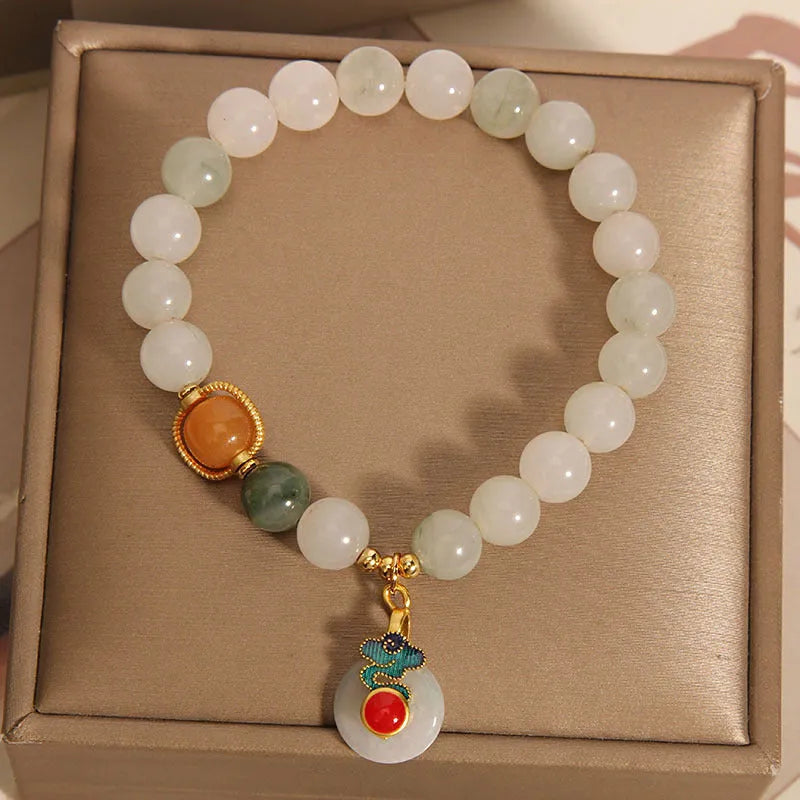 Ice Jade Crystal Bracelet for women with pearl accents and Xiangyun jade buckle in retro style