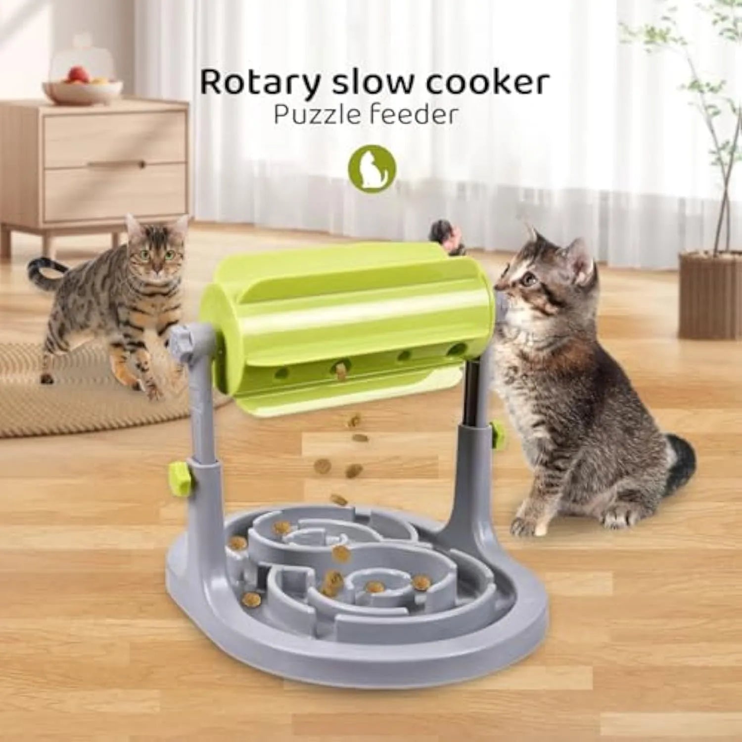 Blue interactive pet food puzzle toy with adjustable height and irregular raised patterns on food tray