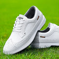 Men's genuine leather golf shoes with non-slip rubber outsole in Lake Blue and White colour options.