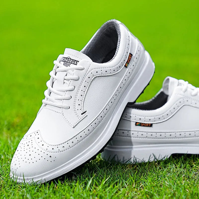 Men's genuine leather golf shoes with non-slip rubber outsole in Lake Blue and White colour options.
