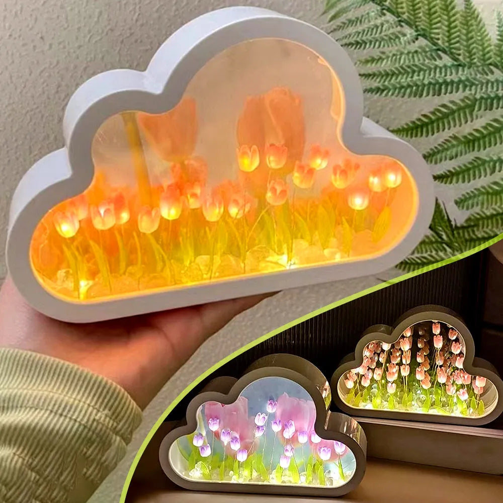 Tulip-shaped DIY night lamp kit with LED light and decorative mirror surface