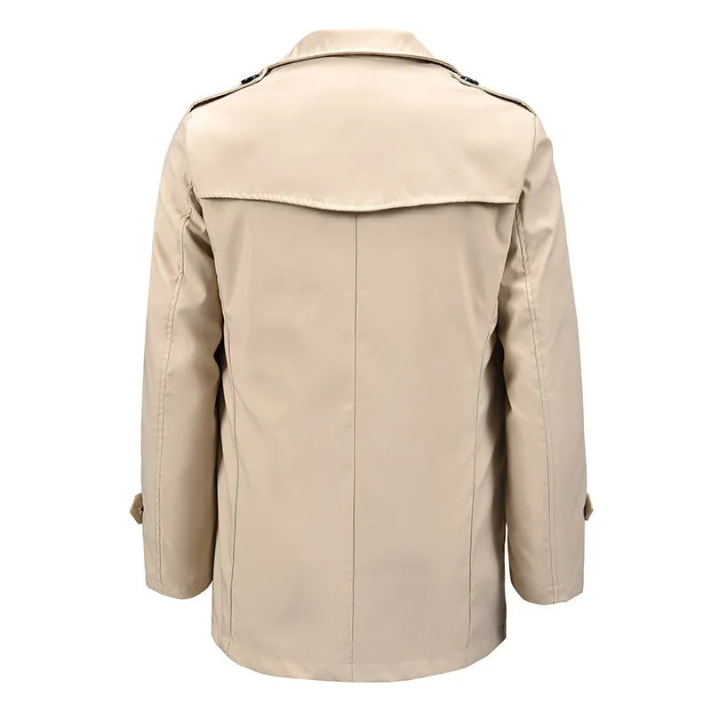Men's khaki mid-length casual double-breasted jacket, loose fit, 50cm length, polyester